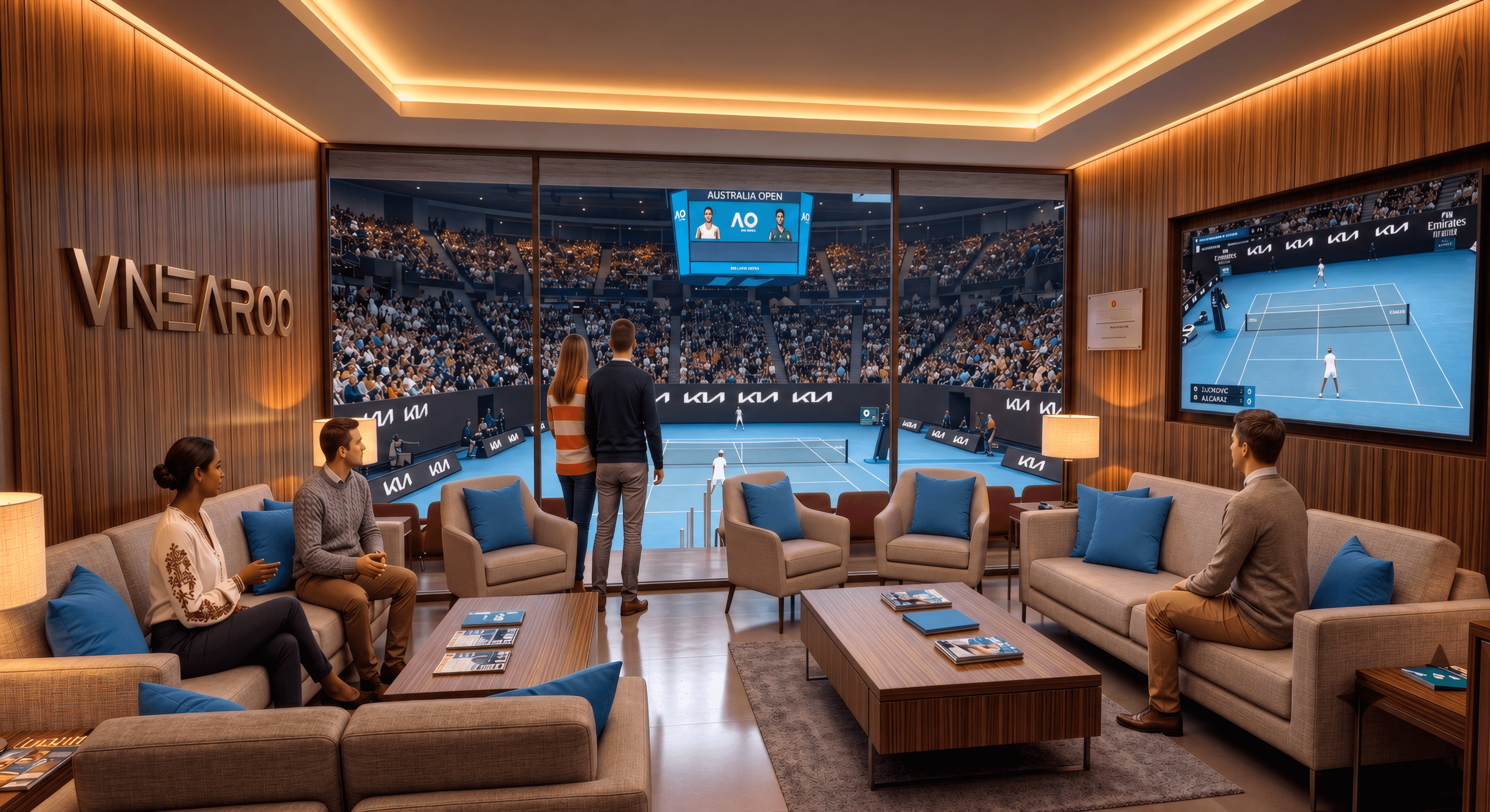 Owner-curated Australian Open virtual hospitality suite with shared seating and a premium tennis view