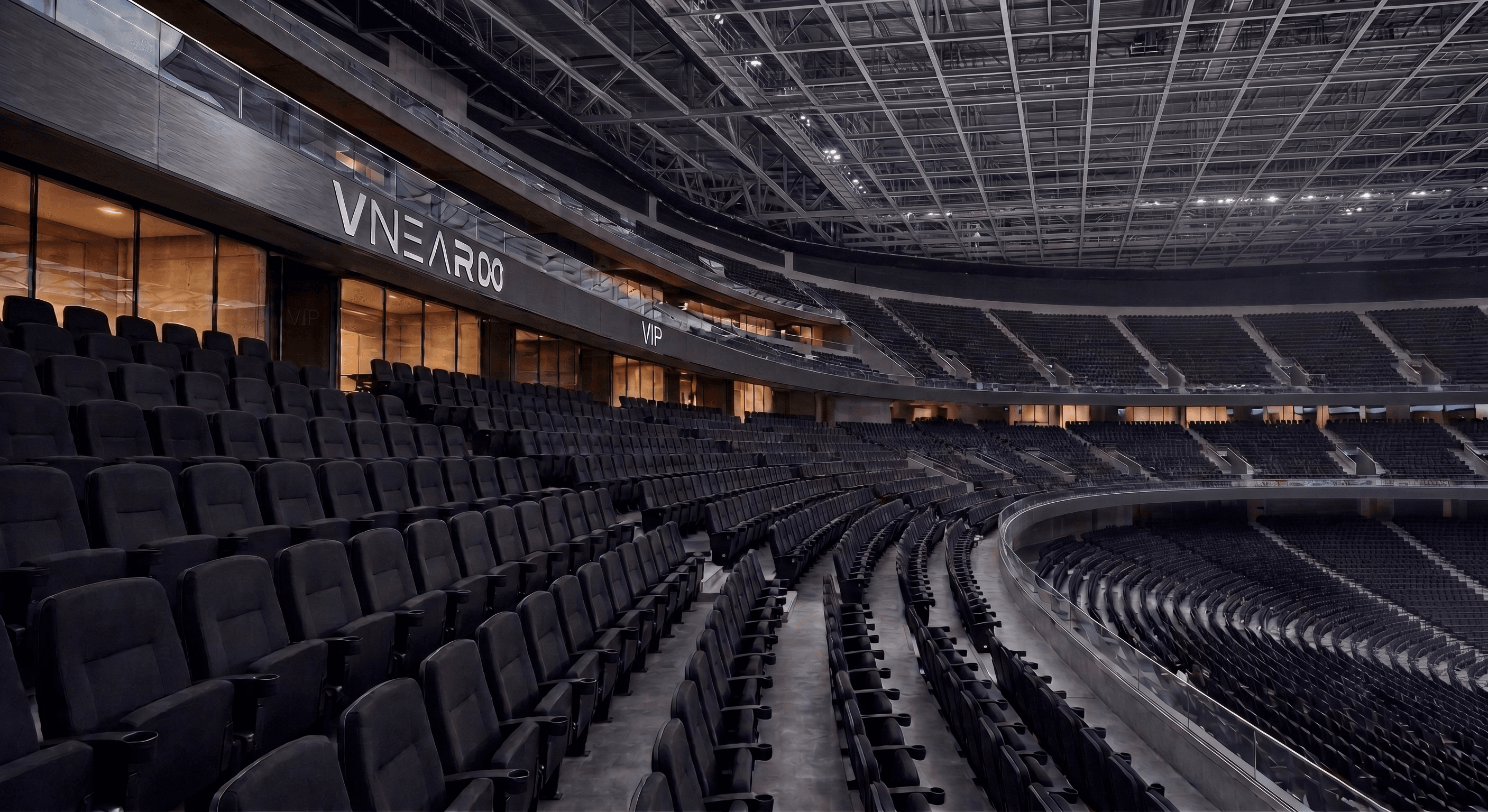 Owner-curated seating environment with rows of seats, an aisle and hospitality spaces