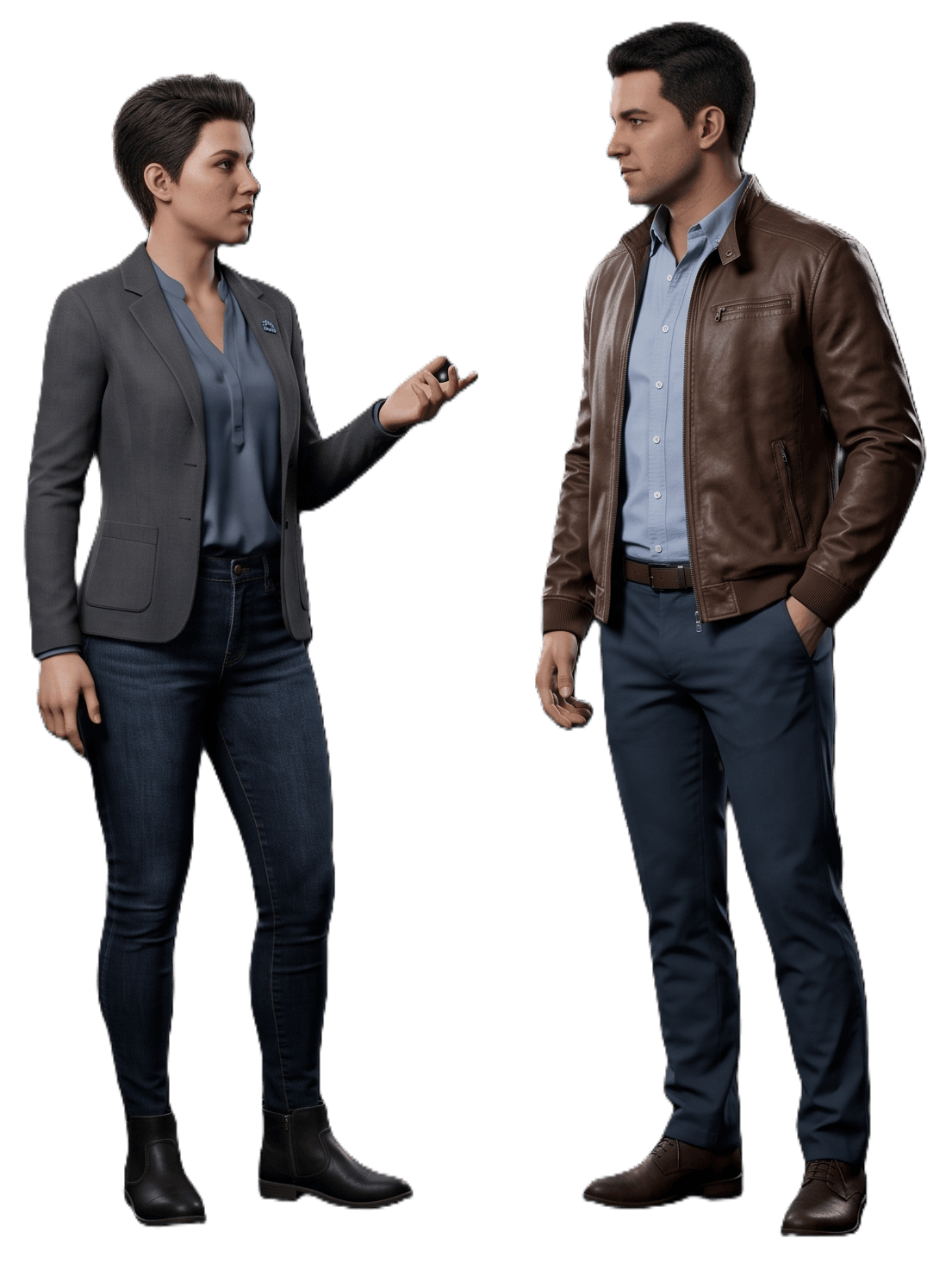 Two supplied avatar figures facing each other in conversation